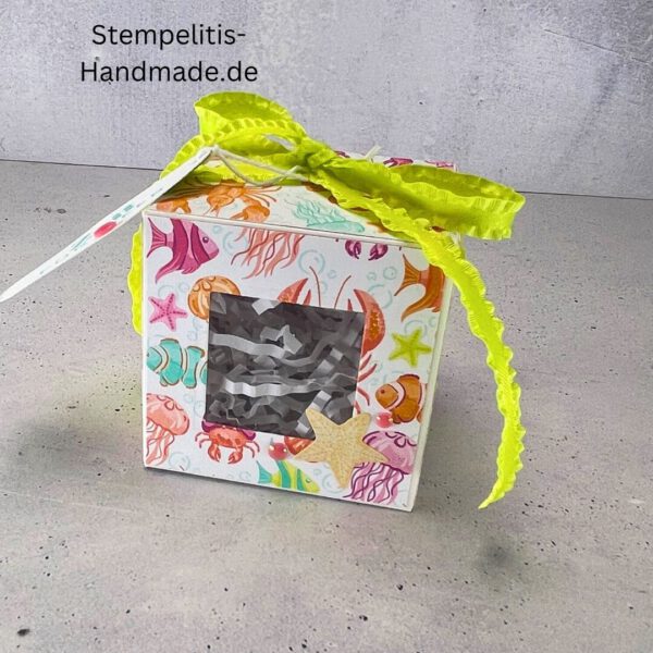 Handdekorierte Fensterschachtel 7 cm mit maritimen Motiven, Geschenkbox mit Fenster und Schleife in Grün, Detailansicht Geschenkschachtel Etikett „Zeit für Meer“, Offene Sichtfensterbox von oben, Fensterschachtel mit bunter Meeresdekoration, Geschenkverpackung mit transparentem Fenster, Handgemachte maritime Fensterschachtel mit Schleife